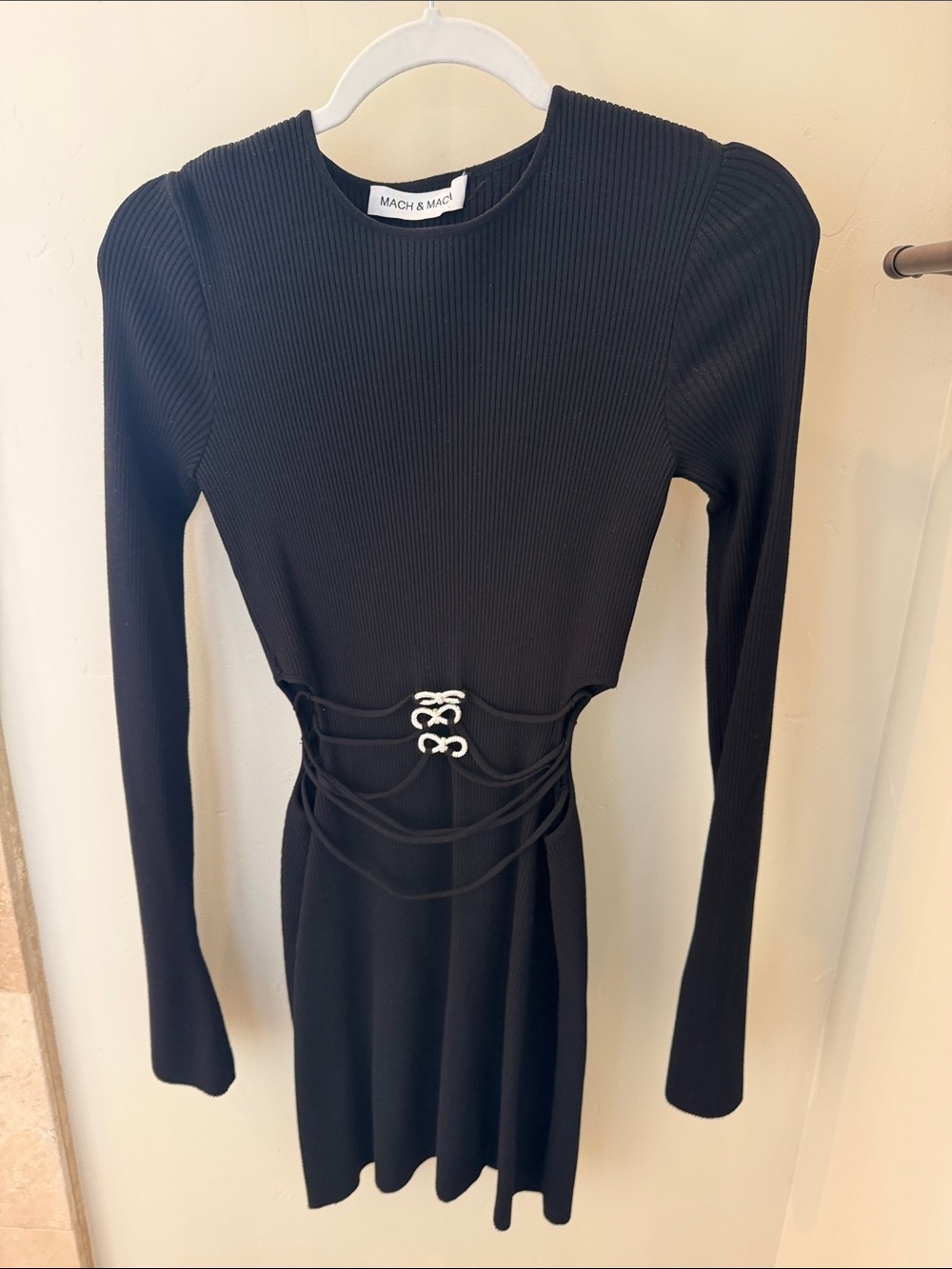 MACH & MACH Black Long-Sleeve Ribbed Dress with Corset Lacing